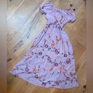 Boho Floral Embroidered Midi Dress - Light Lavender